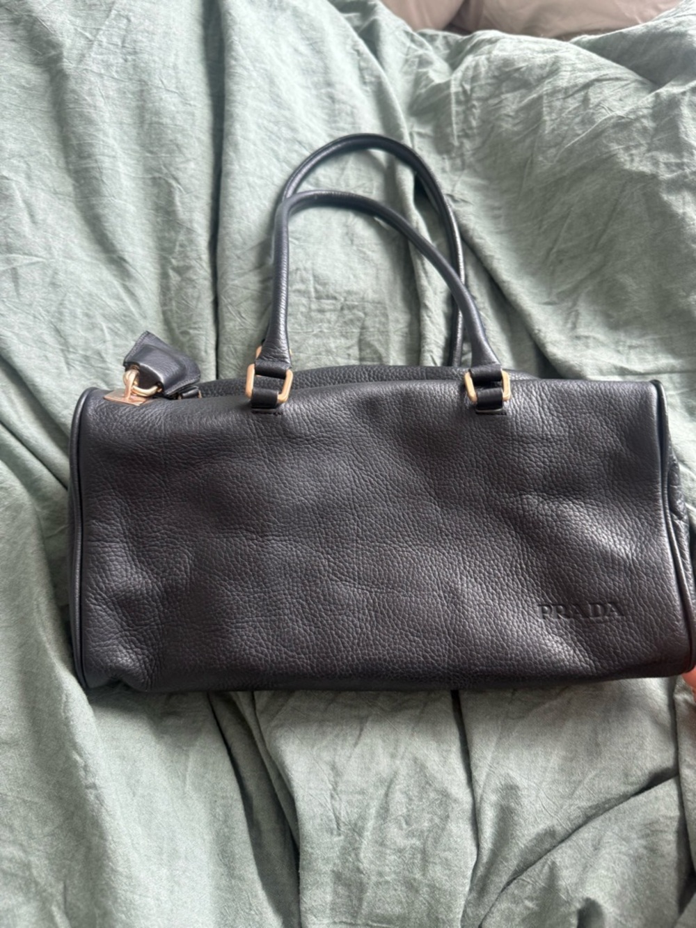 Prada Black Pebbled Leather Vitello Daino Mini Boston Bag